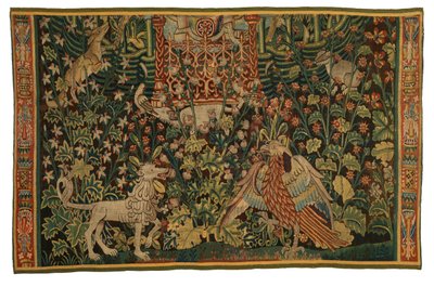 Tapeçaria, fragmento de Park au Cerfs, fabrico c.1500-25 (lã) de Flemish School
