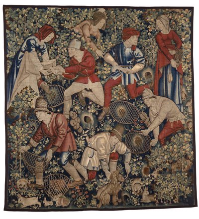 Tapeçaria representando camponeses a caçar coelhos com furões, Tournai, c.1450-75 (lã) de Flemish School