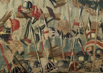 Tapeçaria mostrando as Conquistas do rei Alfonso V de Portugal (Conquistas de Alfonso V de Portugal), Tournai. Detalhe. (Lã e seda) de Flemish School