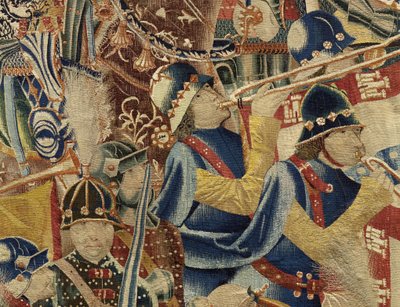 Tapeçaria mostrando as Conquistas do rei Alfonso V de Portugal (Conquistas de Alfonso V de Portugal), Tournai. Detalhe. (Lã e seda) de Flemish School