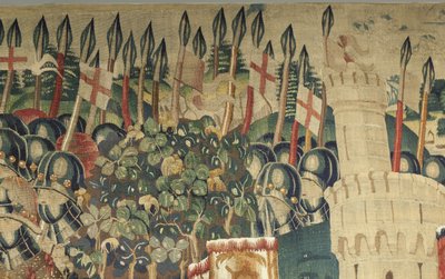 Tapeçaria mostrando as Conquistas do rei Alfonso V de Portugal (Conquistas de Alfonso V de Portugal), Tournai. Detalhe. (Lã e seda) de Flemish School