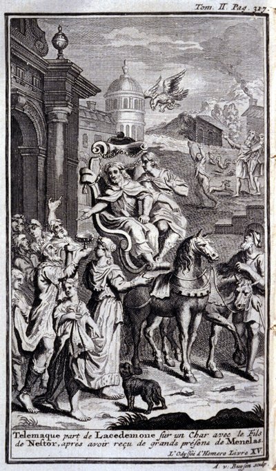 Telemaque deixa Lacedemone em um tanque com o filho de Nestor depois de receber grandes presentes de Menelas. Ilustração para o livro XV de l