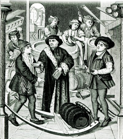 O bispo de Tournai recebe o dízimo da cerveja concedido pelo rei Chilperico, depois de uma janela da Catedral de Tournai de Flemish School