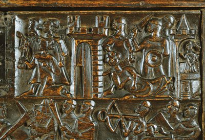 O Baú de Courtrai representando soldados de infantaria flamengos derrotando a cavalaria francesa (madeira) (detalhe) de Flemish School