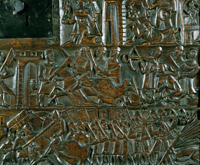 O Baú de Courtrai representando duas cenas da Batalha das Esporas Douradas disputada em Courtrai em 1302 (madeira) (detalhe) de Flemish School
