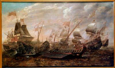 A batalha naval da Armada Invencível que assistiu à derrota da Armada espanhola contra a frota inglesa em agosto de 1588, na escola flamenga de Flemish School