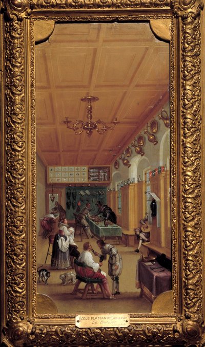 A barbearia" Pintura da escola flamenga. início do século XVII. Dijon, Museu de Belas Artes de Flemish School