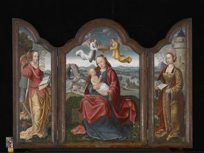 Tríptico com a Virgem e a Criança, Santa Bárbara, e Santa Catarina (óleo sobre madeira) de Flemish School