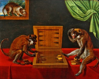 Dois macacos jogando Tric Trac em uma mesa (óleo no painel) de Flemish School