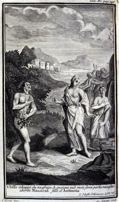 Ulisses escapa do naufrágio, e embora nua mas à força por necessidade aproxima-se de Nausicaa, filha de Antinous (Antinoos). Ilustração do livro VI da Odisseia de Homero, na Odisseia, publicado em Amesterdão em 1731, Milão. de Flemish School