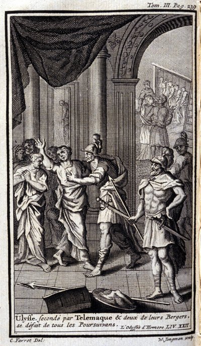 Ulysses, segundo da Telemaque, e dois dos seus pastores desmantelaram todos os perseguidores. Lustração do XXII livro da Odisseia de Homero, na Odisseia, publicado em Amesterdão em 1731, Coleção privee Milan. de Flemish School