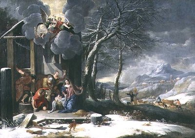 Paisagem de Inverno com Natividade (óleo sobre tela) de Flemish School