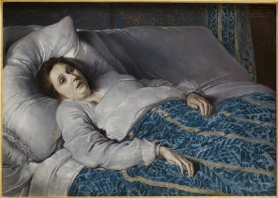 Uma jovem no seu leito de morte. Pintura anónima, óleo sobre tela. de Flemish School