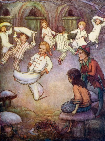 Dança e luta de almofadas em casa subterrânea (litografia a cores) de Flora White