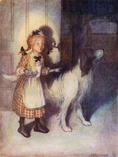 Eliza a ver se as crianças estão a dormir (litografia a cores) de Flora White