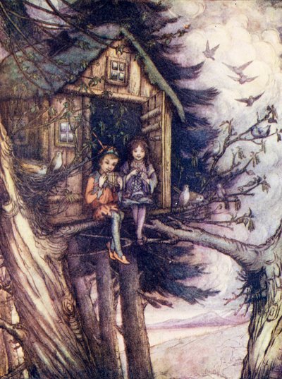 As copas das árvores, onde Wendy e Peter viviam felizes (litografia a cores) de Flora White