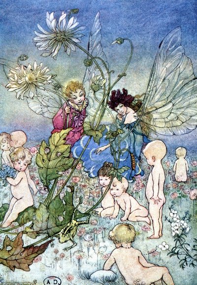 Mulher libélula (fada) e elfo rodeado de bebês - em "My Fairyland", de Fiona Malcom, doente. Florence Anderson de Florence Anderson