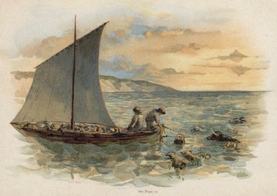 Cena de The Swiss Family Robinson: trazer os animais do naufrágio (chromolitho) de Florence Maplestone