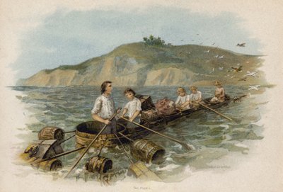 Cena de The Swiss Family Robinson: perto de terra no barco da banheira (chromolitho) de Florence Maplestone