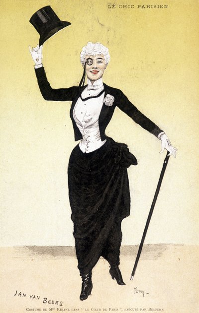 O chique parisiense (dandy - dandysme): O traje de Mademoiselle Réjane em "O coração de Paris". Traje do estilista Jan Van Beers (1852-1927), executado por Redfern. Desenho de Florian. de Florian