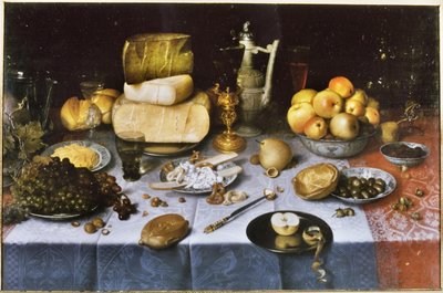 Holandês: Natureza morta com fruta, queijo, pão e vinho Mesa posta com queijo e fruta de Floris van Dyck