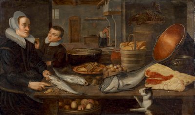 Uma natureza-morta de cozinha com uma empregada a limpar peixe numa mesa e um rapaz a segurar uma maçã de Floris van Schooten