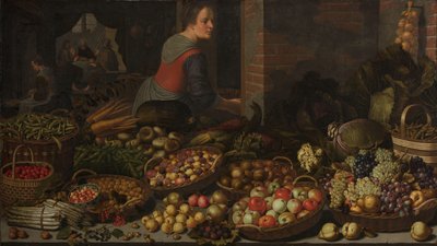 Natureza morta com frutas e legumes, com Cristo em Emaús ao fundo de Floris Gerritsz van Schooten