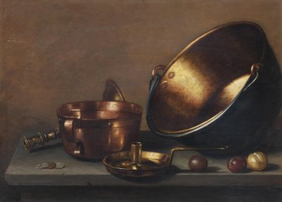 Natureza morta com panelas de cobre, utensílios e ameixas num parapeito de pedra de Floris van Schooten