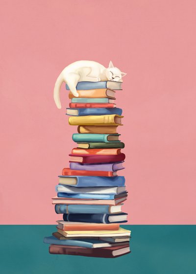 Gatinho aconchegado em cima de livros coloridos de Flow Line