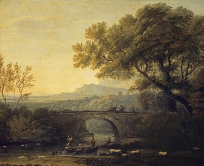Francês:  Paysage avec un pont Paisagem com uma ponte de Follower of Claude Lorrain