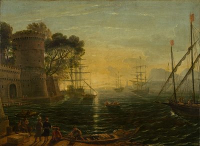 Porto ao pôr do sol de Follower of Claude Lorrain