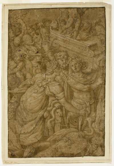 Cupido na carruagem triunfal, acompanhado por deuses e deusas de Follower of Giulio Romano