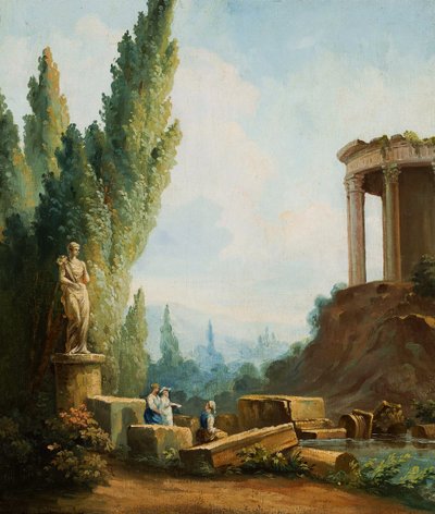 Paisagem com as ruínas do Templo da Sibila em Tivoli de Follower of Hubert Robert