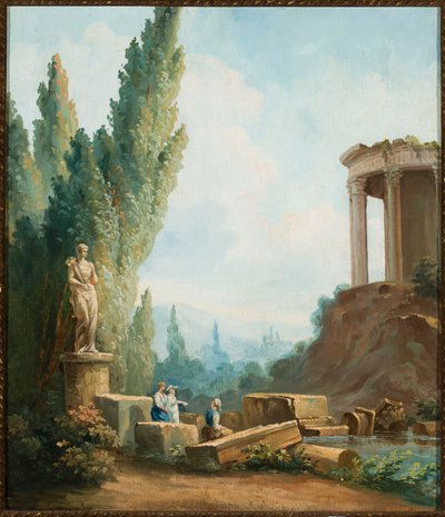 Paisagem com as ruínas do Templo da Sibila em Tivoli de Follower of Hubert Robert
