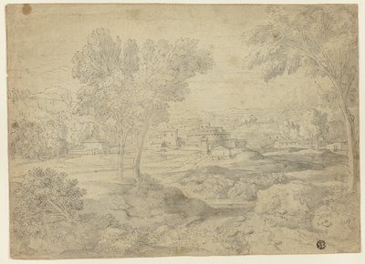 Paisagem italiana com edifícios de Follower of Nicolas Poussin