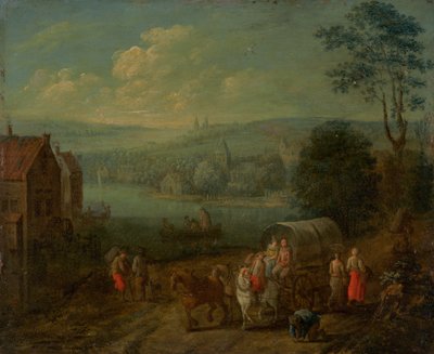 Paisagem fluvial com aldeias e viajantes [verso] de Follower of Peeter Gysels