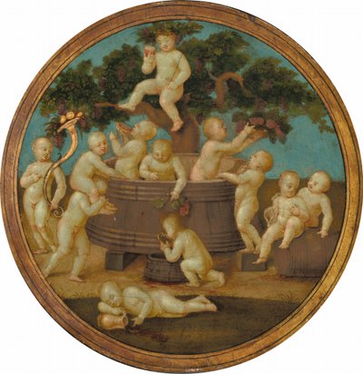 Putti com uma prensa de vinho de Follower of Raphael