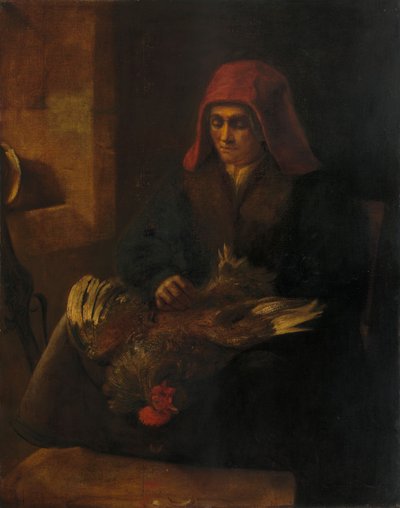 Mulher velha depenando uma ave de Follower of Rembrandt van Rijn