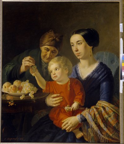 Retrato de Família. Um bebé segurando um guizo, no colo da sua mãe, recebe algumas uvas dadas pela sua avó. Pintura por Foma Gavrilovich Toropov (1821-1898), óleo sobre tela de Foma Gavrilovich Toropov
