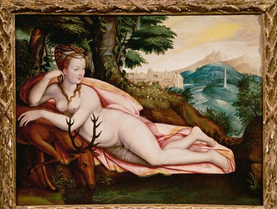 Diane de Poitiers, amante de Henrique II, rei de França, como Deusa Diana (pintura sobre tela) de Fontainebleau School