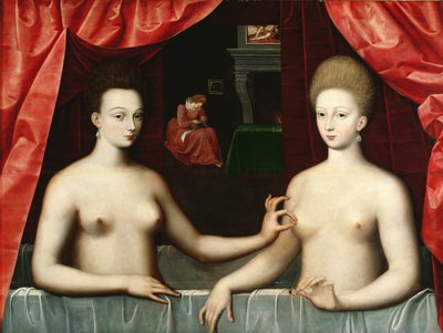 Gabrielle d&39;Estrees (1573-99) e sua irmã, a duquesa de Villars, no final do século XVI de Fontainebleau School