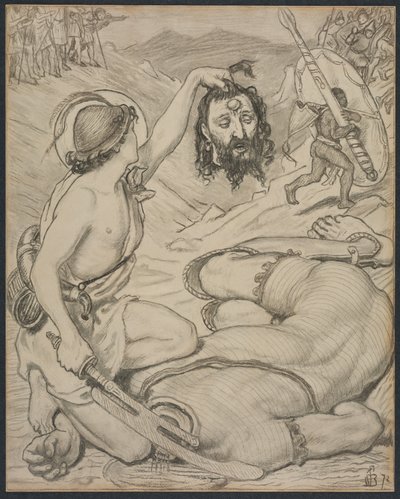 David and Goliath, Cartoon for Stained Glass Window no Jesus College, Cambridge de Ford Madox Brown