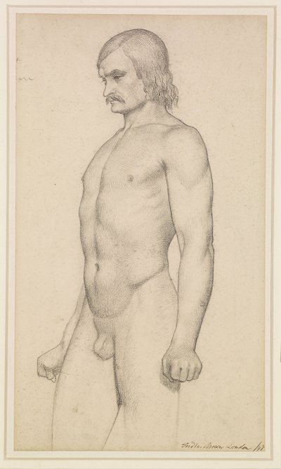 Nu masculino - Estudo académico, nu a três quartos, com bigode e punhos cerrados de Ford Madox Brown
