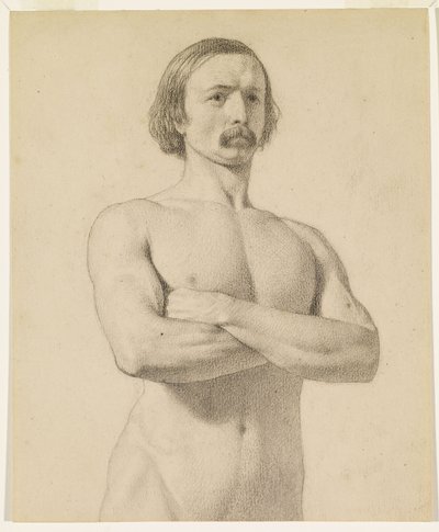 Nu masculino - Estudo de nu académico, a meio comprimento, com bigode e braços cruzados de Ford Madox Brown