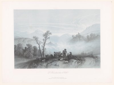 Pastores com vacas e ovelhas num vale enevoado
Le Brouillard dans la Vallée (título sobre o objecto) de Fortuné Ferogio
