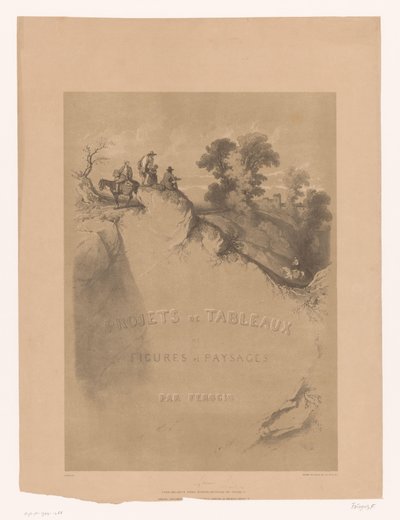 Impressão do título com paisagem rochosa e viajantes ao longo de uma garganta
Estudos da paisagem e das figuras por Férogio (título da série)
Projets de tableaux de figures et paysages, par Férogio (título da série sobre o objecto) de Fortuné Ferogio