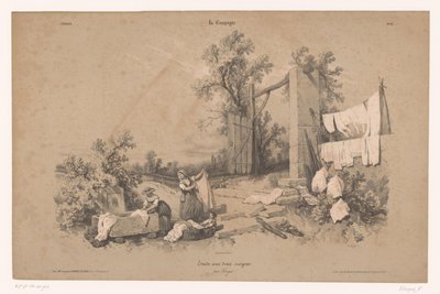 Duas mulheres e uma criança a lavar roupa ao ar livre
Estudos de cenas rurais com dois tipos de giz (título da série)
La Campagne. Etude aux deux crayons, par Férogio (título da série sobre o objecto) de Fortuné Ferogio