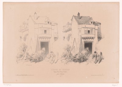 O cargueiro com cavalo e carroça descansa num portão
Curso de desenho com estudos de paisagens, animais e detalhes (título da série)
Cours de dessin. Paga, figuras, animaux, acessórios, par Férogio (título da série sobre o objecto) de Fortuné Ferogio