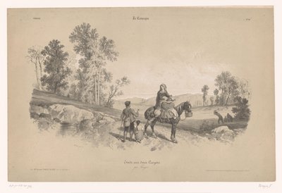 Mulher a cavalo com homem e criança numa paisagem
Estudos de cenas rurais com dois tipos de giz (título da série)
La Campagne. Etude aux deux crayons, par Férogio (título da série sobre o objecto) de Fortuné Ferogio