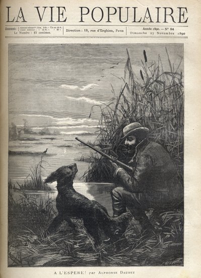 Um caçador de pássaros está a observar num pântano com o seu cão. Ilustração de F. Meaulle para "Esperançosamente! "por Alphonse Daudet (1840-1897). Gravura de 1890 em "La vie populaire". Coleção Particular de Fortune Louis Meaulle